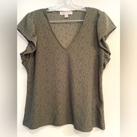 Michael Kors Ruffle Sleeve Eyelet Olive Shirt Size Large - Picture 2 of 6